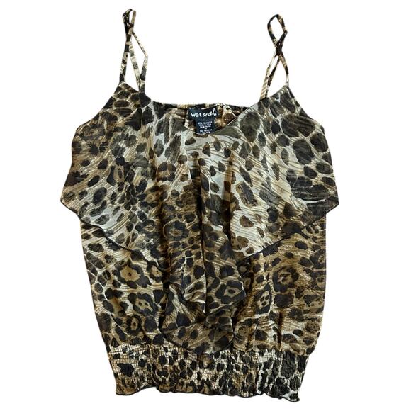 Y2K Wet Seal Semi Sheer Cheetah Print Ruffle Tank Medium Fairy Indie Festival - Picture 1 of 4